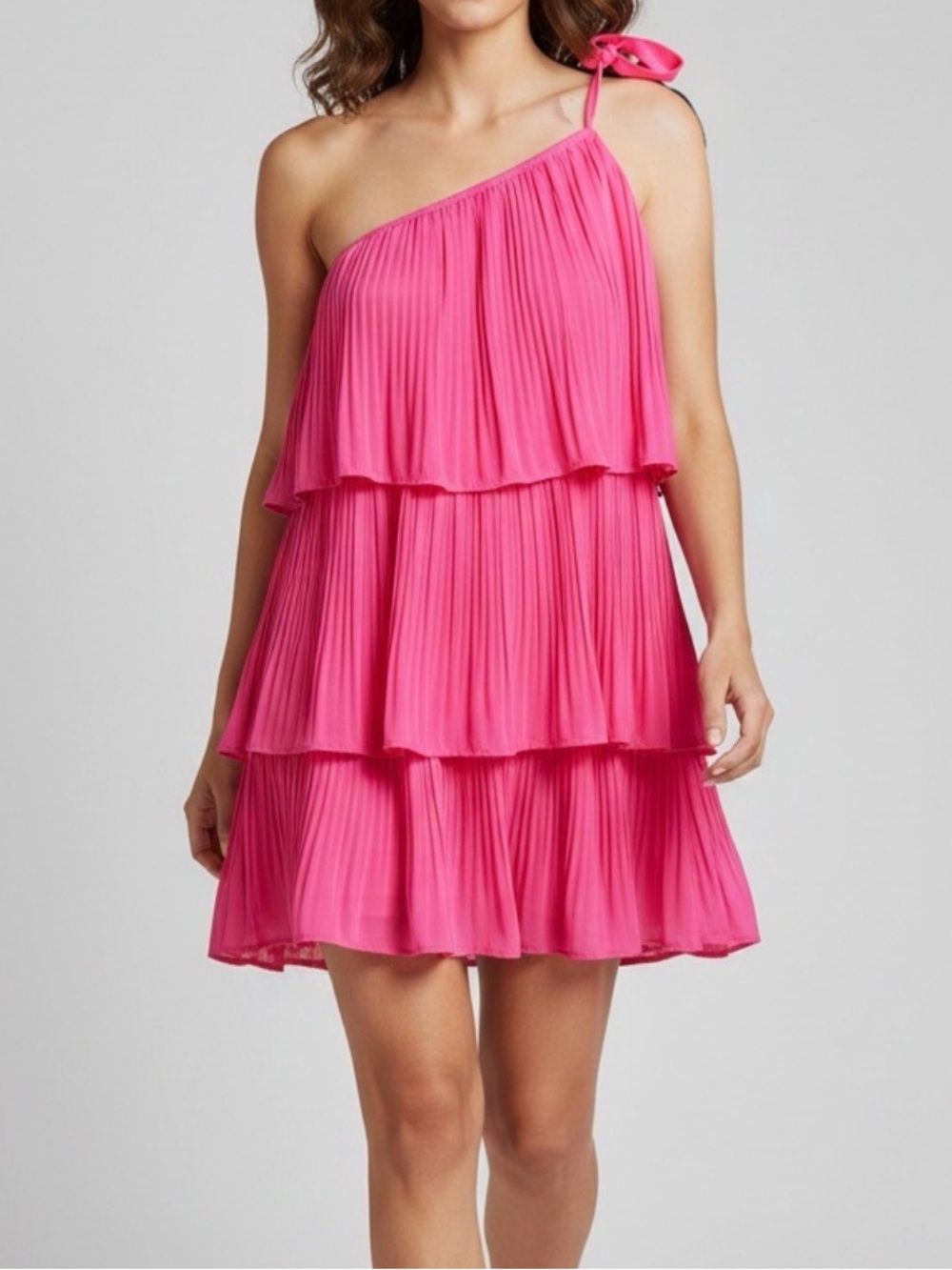Hot Pink One-Shoulder Tiered Pleated Mini Dress